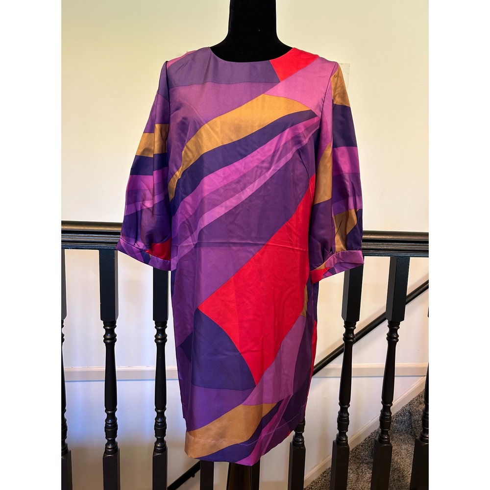 French Connection 100% Silk Abstract Geometric Shift Dress Purple Red 8 71X3W